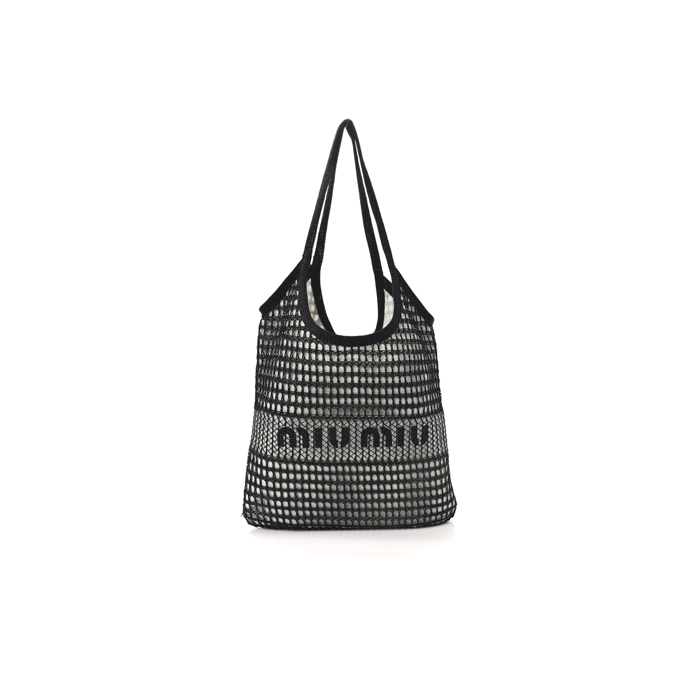 MIU MIU BLACK LOGO LEATHER-TRIMMED CROCHET TOTE BAG 5BG231 (40*35cm)